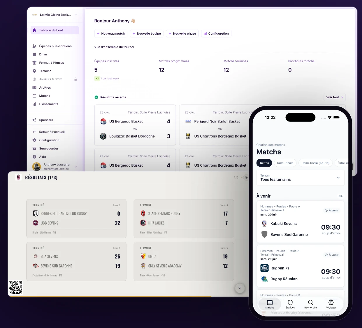 tournoi.co: organiser dashboard, results and mobile app